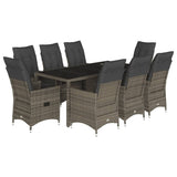 9 Piece Garden Dining Set with Cushions Grey Poly Rattan - Front View