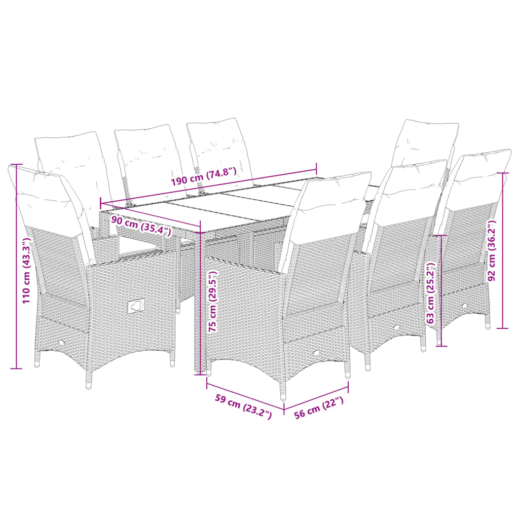 9 Piece Garden Dining Set with Cushions Grey Poly Rattan