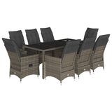 9 Piece Garden Dining Set with Cushions Grey Poly Rattan - Front View