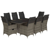 9 Piece Garden Dining Set with Cushions Grey Poly Rattan