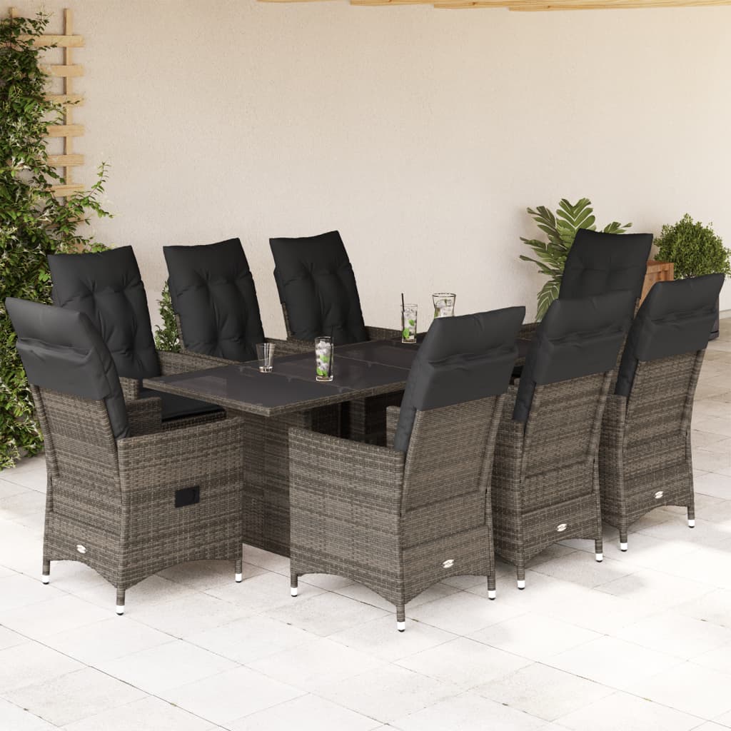 9 Piece Garden Dining Set with Cushions Grey Poly Rattan