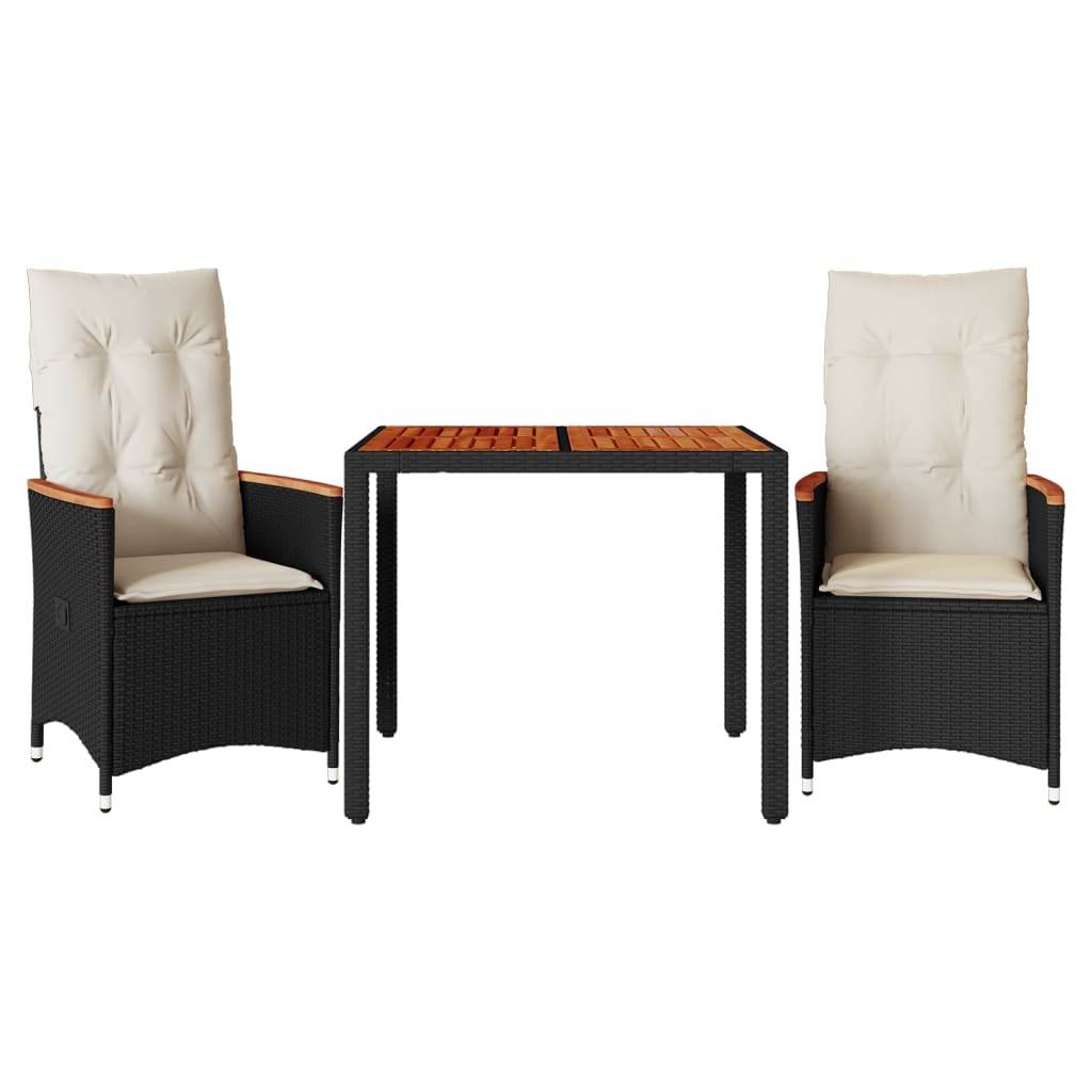 3 Piece Bistro Set with Cushions Black Poly Rattan