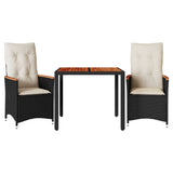3 Piece Bistro Set with Cushions Black Poly Rattan - Front View