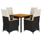 5 Piece Garden Dining Set with Cushions Black Poly Rattan - Front View