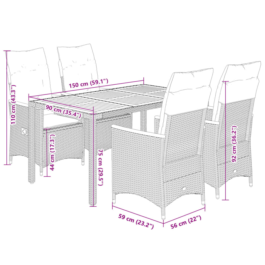 5 Piece Garden Dining Set with Cushions Black Poly Rattan
