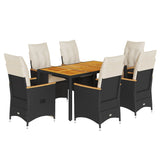 7 Piece Garden Dining Set with Cushions Black Poly Rattan - Front View