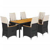 7 Piece Garden Dining Set with Cushions Black Poly Rattan - Front View