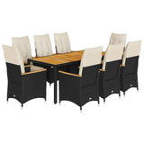 9 Piece Garden Dining Set with Cushions Black Poly Rattan - Front View