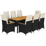 9 Piece Garden Dining Set with Cushions Black Poly Rattan - Front View
