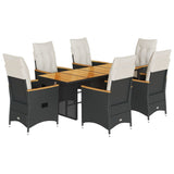 7 Piece Garden Dining Set with Cushions Black Poly Rattan - Front View