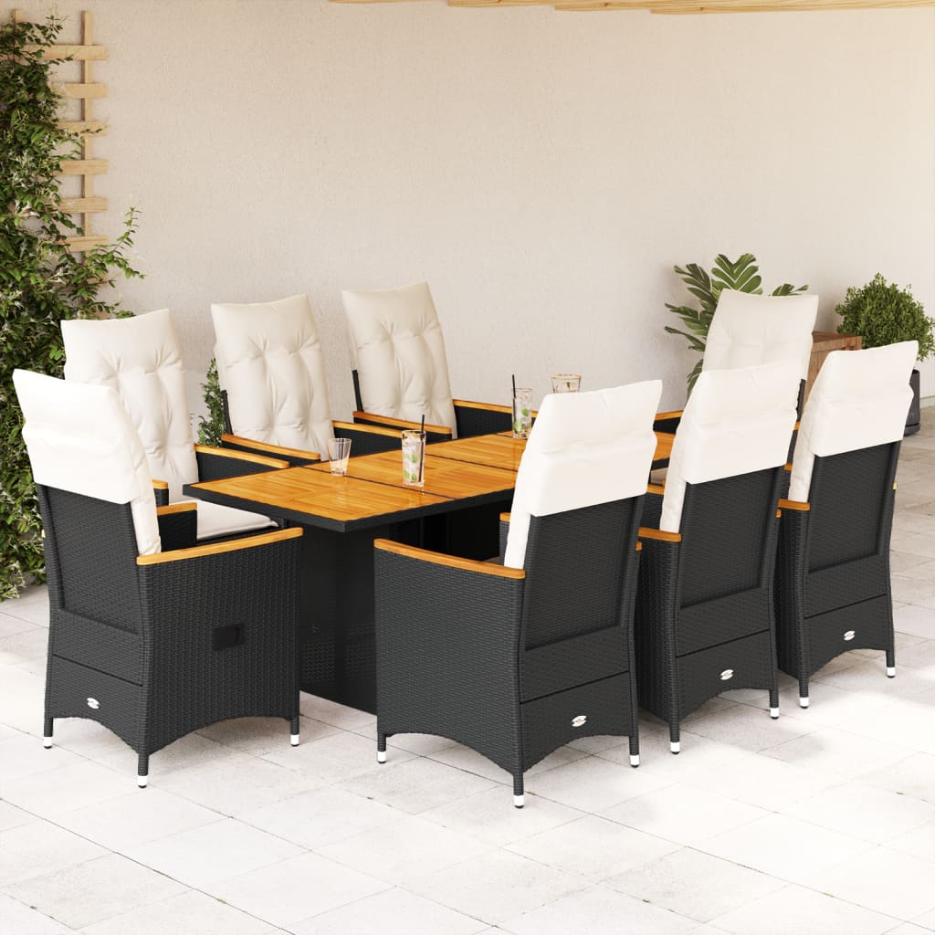 9 Piece Garden Dining Set with Cushions Black Poly Rattan