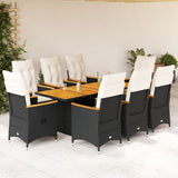 9 Piece Garden Dining Set with Cushions Black Poly Rattan