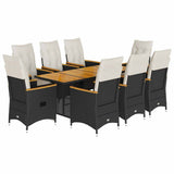 9 Piece Garden Dining Set with Cushions Black Poly Rattan - Front View