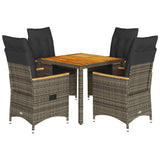 5 Piece Garden Dining Set with Cushions Grey Poly Rattan - Front View