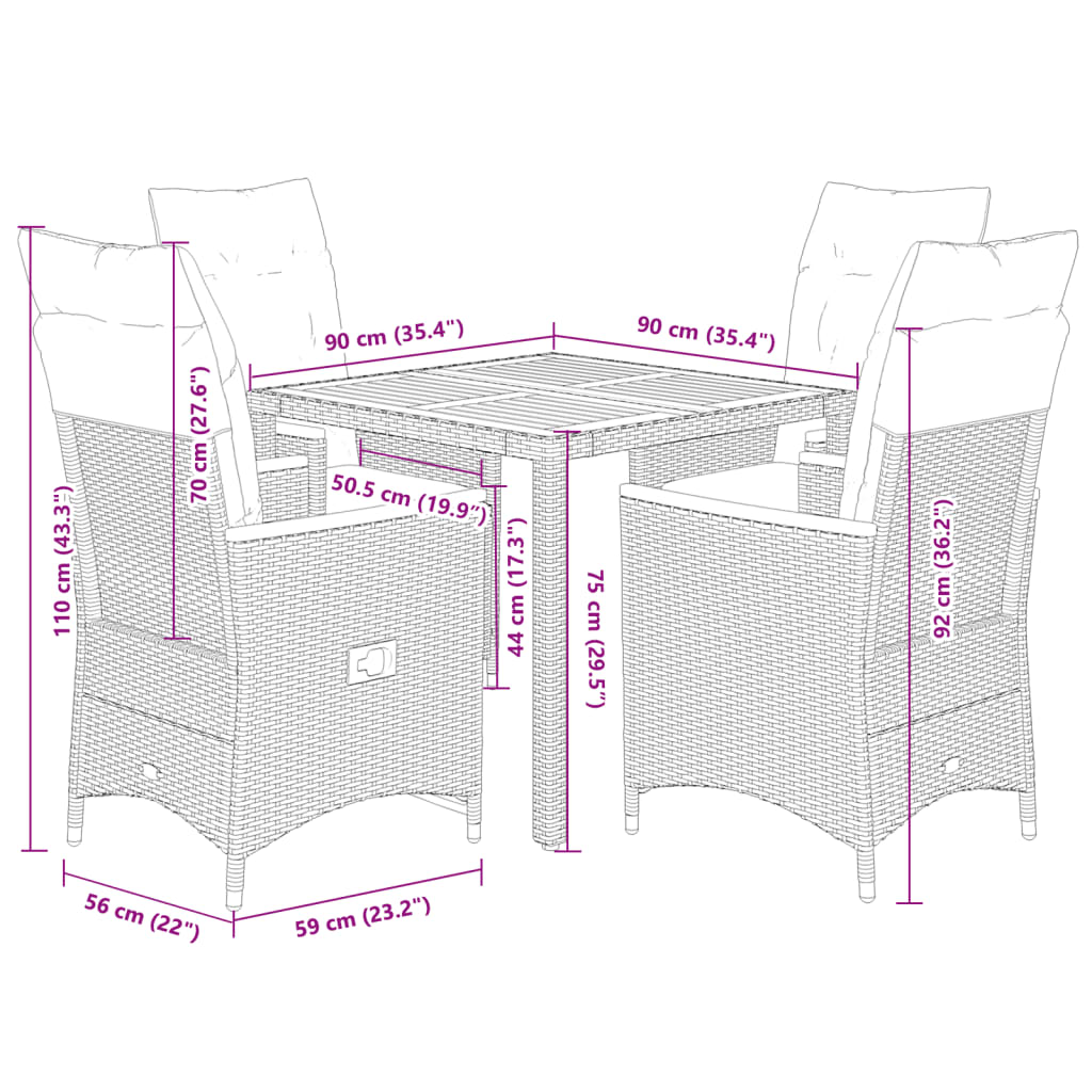 5 Piece Garden Dining Set with Cushions Grey Poly Rattan