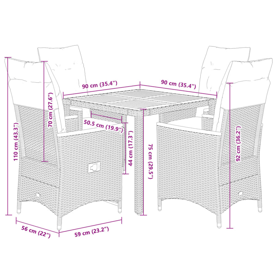 5 Piece Garden Dining Set with Cushions Grey Poly Rattan