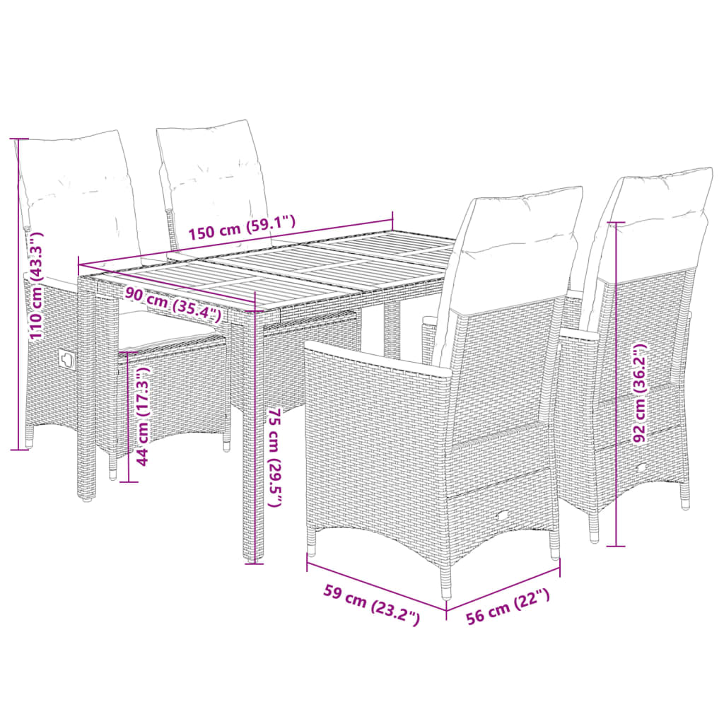 5 Piece Garden Dining Set with Cushions Grey Poly Rattan