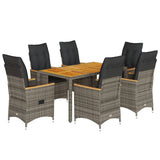 7 Piece Garden Dining Set with Cushions Grey Poly Rattan - Front View