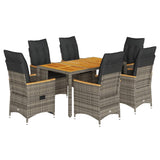 7 Piece Garden Dining Set with Cushions Grey Poly Rattan - Front View