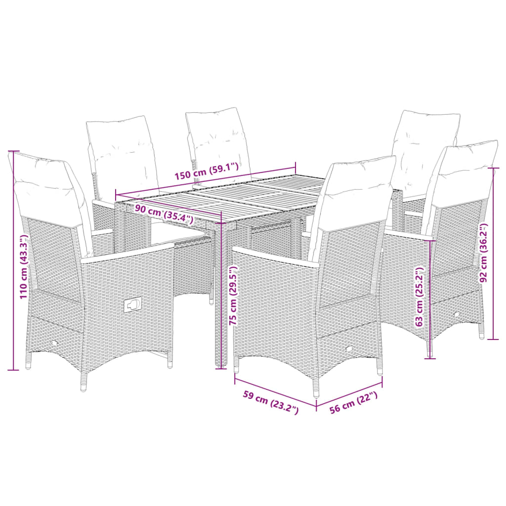 7 Piece Garden Dining Set with Cushions Grey Poly Rattan