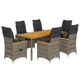 7 Piece Garden Dining Set with Cushions Grey Poly Rattan - Front View