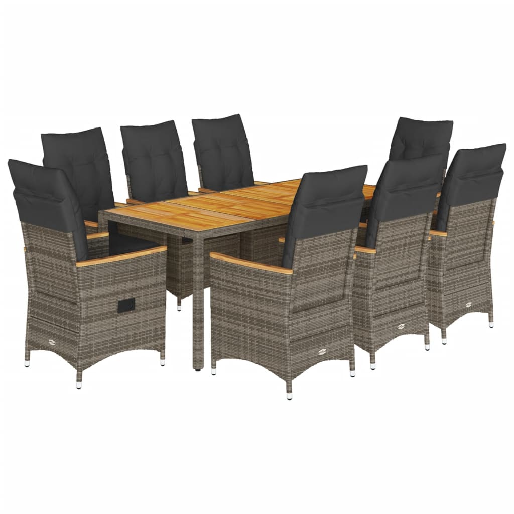 9 Piece Garden Dining Set with Cushions Grey Poly Rattan