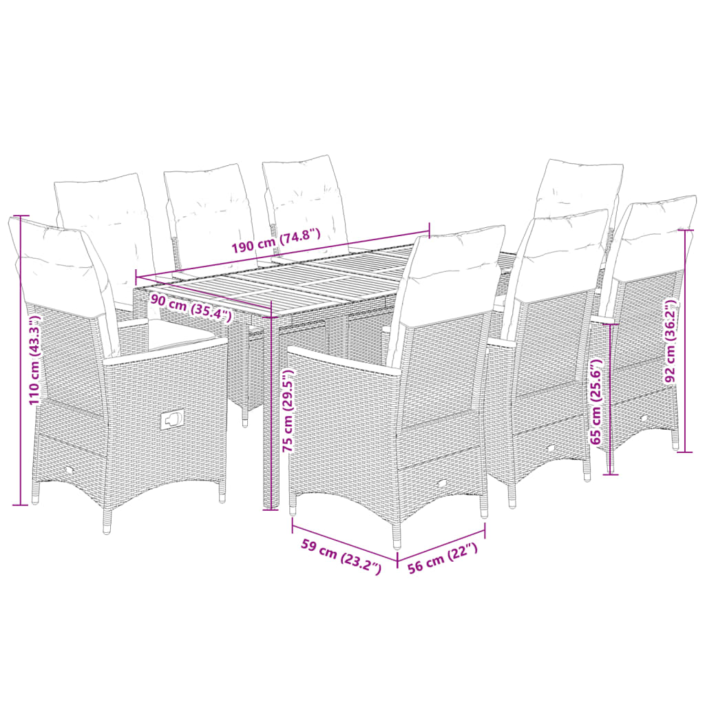 9 Piece Garden Dining Set with Cushions Grey Poly Rattan
