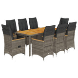 9 Piece Garden Dining Set with Cushions Grey Poly Rattan - Front View