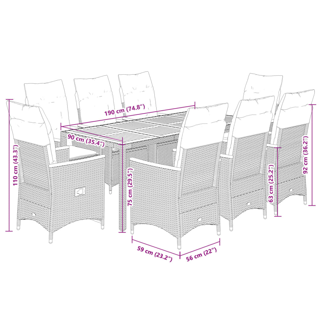 9 Piece Garden Dining Set with Cushions Grey Poly Rattan