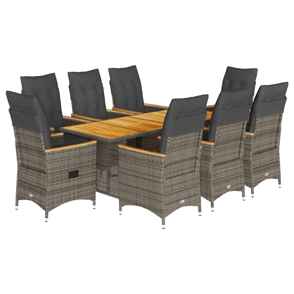 9 Piece Garden Dining Set with Cushions Grey Poly Rattan