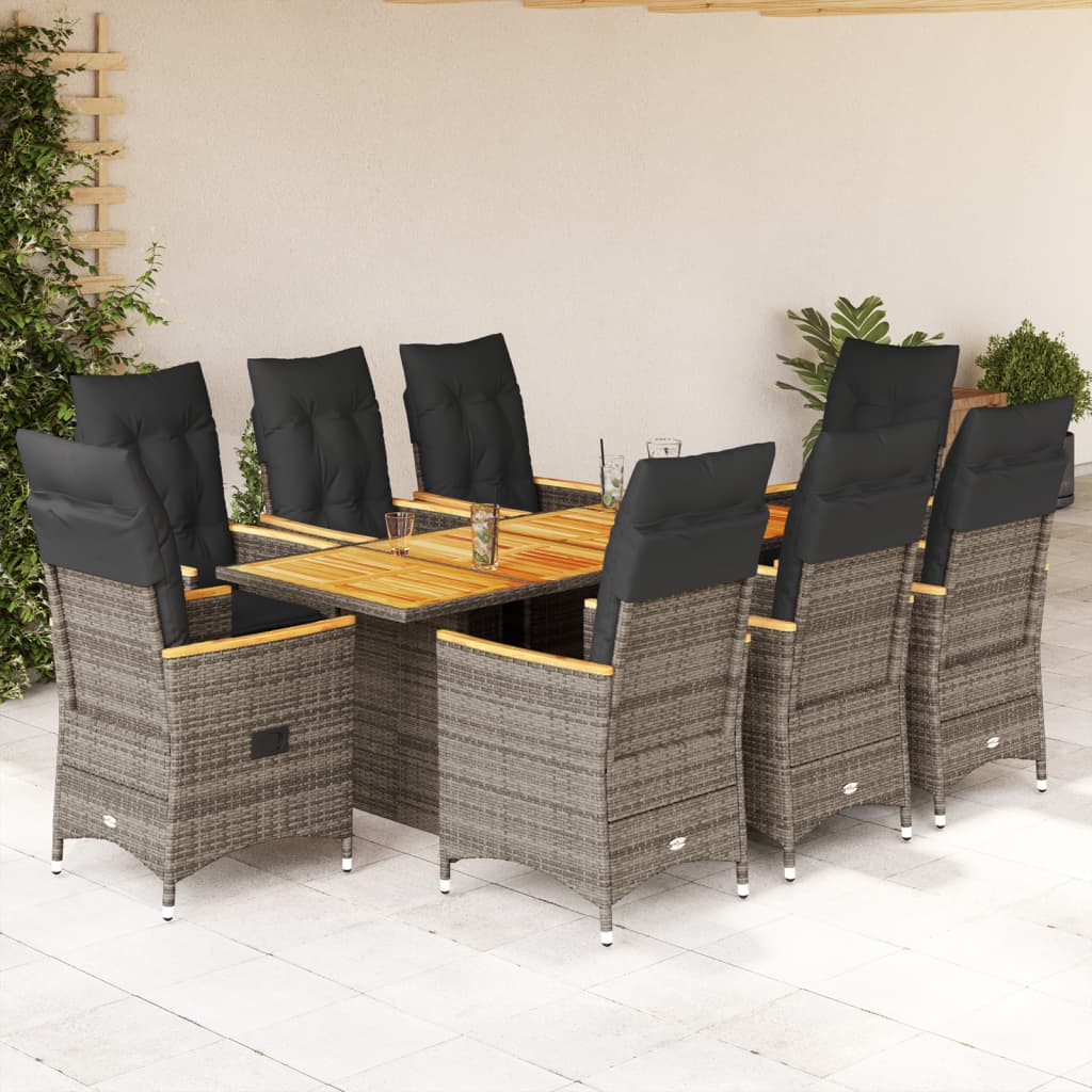 9 Piece Garden Dining Set with Cushions Grey Poly Rattan