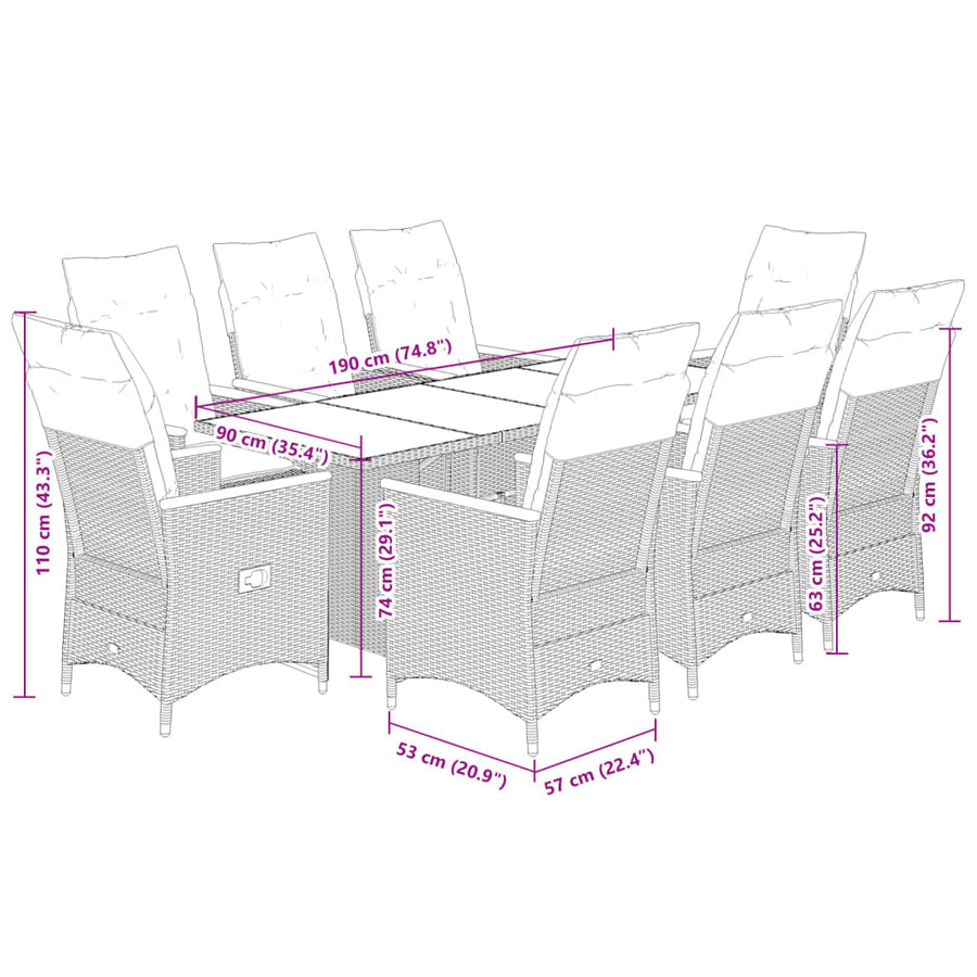 9 Piece Garden Dining Set with Cushions Grey Poly Rattan