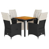 5 Piece Garden Dining Set with Cushions Black Poly Rattan - Front View