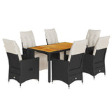 7 Piece Garden Dining Set with Cushions Black Poly Rattan - Front View