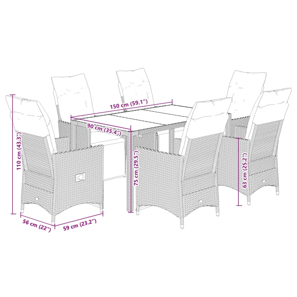 7 Piece Garden Dining Set with Cushions Black Poly Rattan