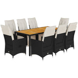 9 Piece Garden Dining Set with Cushions Black Poly Rattan - Front View