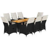 9 Piece Garden Dining Set with Cushions Black Poly Rattan - Front View