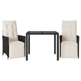 3 Piece Bistro Set with Cushions Black Poly Rattan - Front View