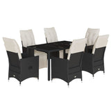 7 Piece Garden Dining Set with Cushions Black Poly Rattan - Front View