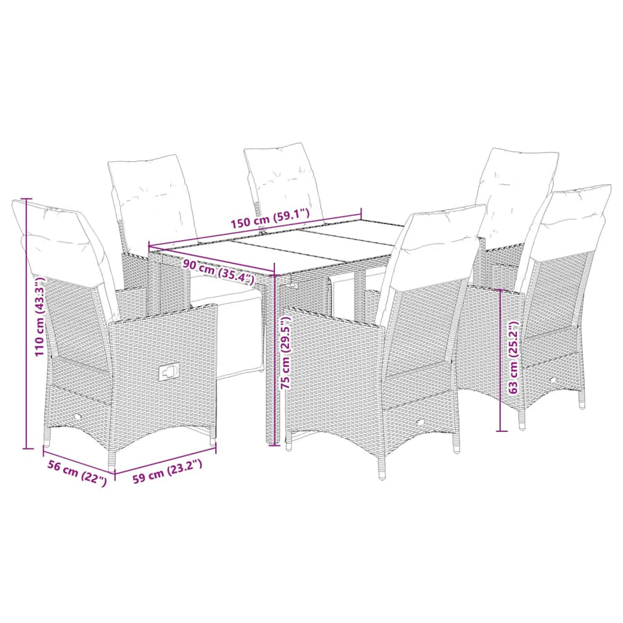 7 Piece Garden Dining Set with Cushions Black Poly Rattan