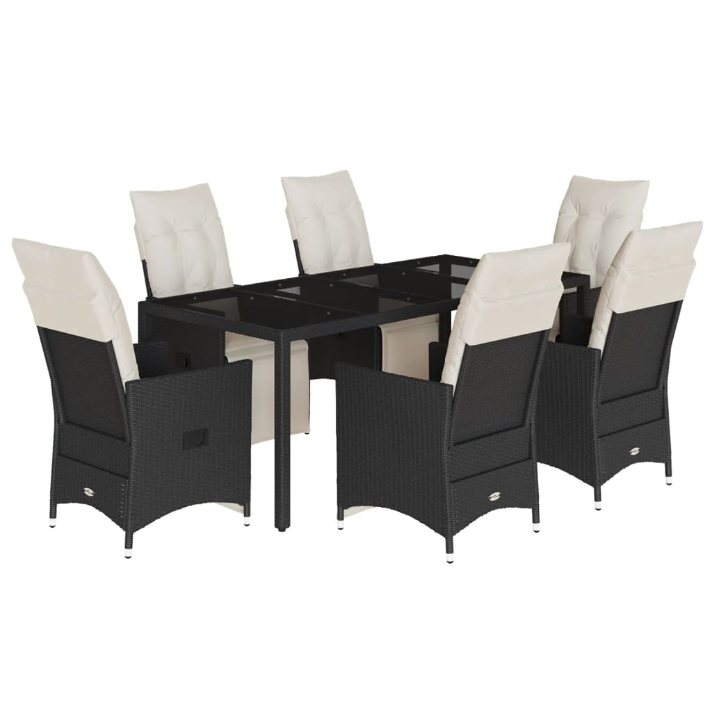 7 Piece Garden Dining Set with Cushions Black Poly Rattan