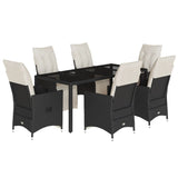 7 Piece Garden Dining Set with Cushions Black Poly Rattan - Front View