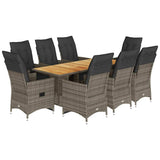 9 Piece Garden Bistro Set with Cushions Grey Poly Rattan - Front View