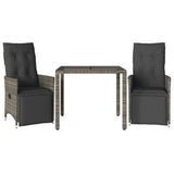 3 Piece Garden Bistro Set with Cushions Grey Poly Rattan - Front View