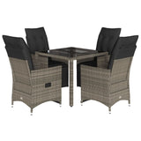 5 Piece Garden Bistro Set with Cushions Grey Poly Rattan - Front View