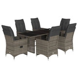 7 Piece Garden Bistro Set with Cushions Grey Poly Rattan - Front View