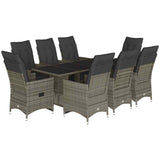 9 Piece Garden Bistro Set with Cushions Grey Poly Rattan - Front View