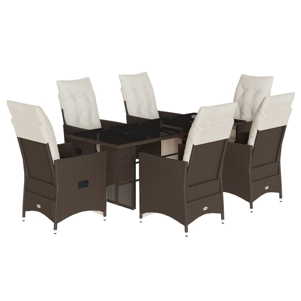 7 Piece Garden Bistro Set with Cushions Brown Poly Rattan