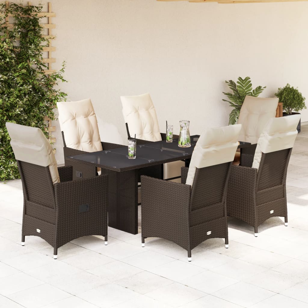 7 Piece Garden Bistro Set with Cushions Brown Poly Rattan