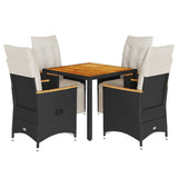 5 Piece Garden Bistro Set with Cushions Black Poly Rattan - Front View